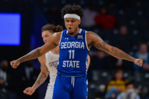 Georgia State guard Corey Allen (11) reacts after hitting a three-pointer during a college basketball game between against Georgia Tech