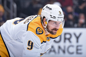 Filip Forsberg #9 of the Nashville Predators gets ready for the play during the first period against the Los Angeles Kings at Crypto.com Arena on January 6, 2022 in Los Angeles, California.