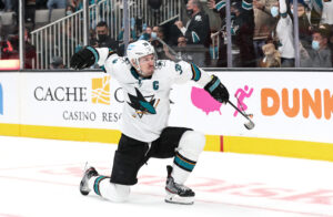 Logan Couture #39 of the San Jose Sharks celebrates scoring the game-winning goal in overtime against the Detroit Red Wings at SAP Center on January 11, 2022 in San Jose, California.