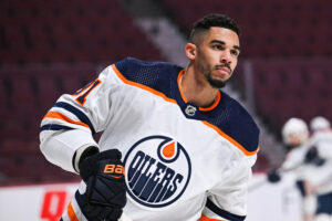 Look on Edmonton Oilers left wing Evander Kane (91) at warm-up before the Edmonton Oilers versus the Montreal Canadiens game on January 29, 2022, at Bell Centre in Montreal, QC