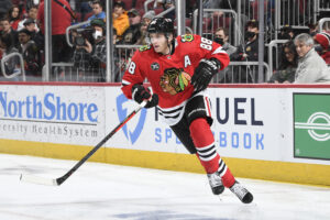 Patrick Kane #88 of the Chicago Blackhawks skates in the first period against the Minnesota Wild at United Center on February 02, 2022 in Chicago, Illinois. 