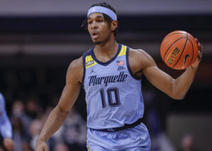  Justin Lewis #10 of the Marquette Golden Eagles is seen during the game against the Butler Bulldogs at Hinkle Fieldhouse on February 12, 2022 in Indianapolis, Indiana. 