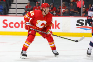 Blake Coleman #20 of the Calgary Flames awaits a pass against the Columbus Blue Jackets at Scotiabank Saddledome on February 15, 2022 in Calgary, Alberta, Canada.