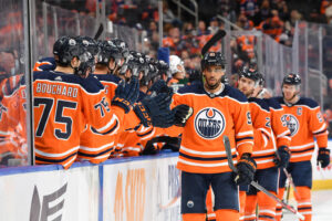 Evander Kane #91 of the Edmonton Oilers celebrates after a goal during the game against the Minnesota Wild on February 20, 2022 at Rogers Place in Edmonton, Alberta, Canada.