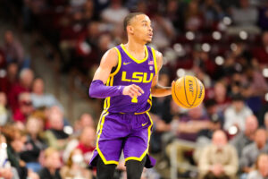 Xavier Pinson (1) of the LSU Tigers brings the ball down the court during a basketball game between the South Carolina Gamecocks and the LSU Tigers on February 19, 2022, at Colonial Life Arena in Columbia, SC.