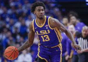 Tari Eason #13 of the LSU Tigers brings the ball up court during the game against the Kentucky Wildcats at Rupp Arena on February 23, 2022 in Lexington, Kentucky.