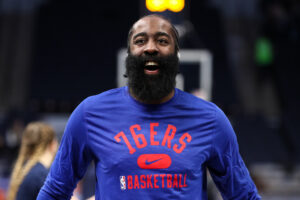 James Harden #1 of the Philadelphia 76ers looks on before the start of the game against the Minnesota Timberwolves at Target Center on February 25, 2022 in Minneapolis, Minnesota.