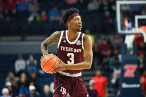 Texas A&M guard Quenton Jackson (3) in action during the college basketball game between the Texas A&M Aggies and the Ole' Miss Rebels on February 26, 2022 at the SJB Pavilion in Oxford, MS.