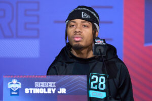 LSU defensive back Derek Stingley Jr. answers questions from the media during the NFL Scouting Combine on March 5, 2022, at the Indiana Convention Center in Indianapolis, IN.