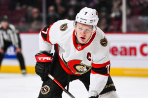 Ottawa Senators left wing Brady Tkachuk (7) waits for a face-off during the Ottawa Senators versus the Montreal Canadiens game on March 19, 2022 at Bell Centre in Montreal, QC