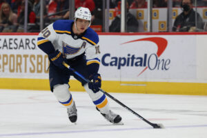 Brayden Schenn #10 of the St. Louis Blues controls the puck during a game against the Washington Capitals at Capital One Arena on March 22, 2022 in Washington, D.C.