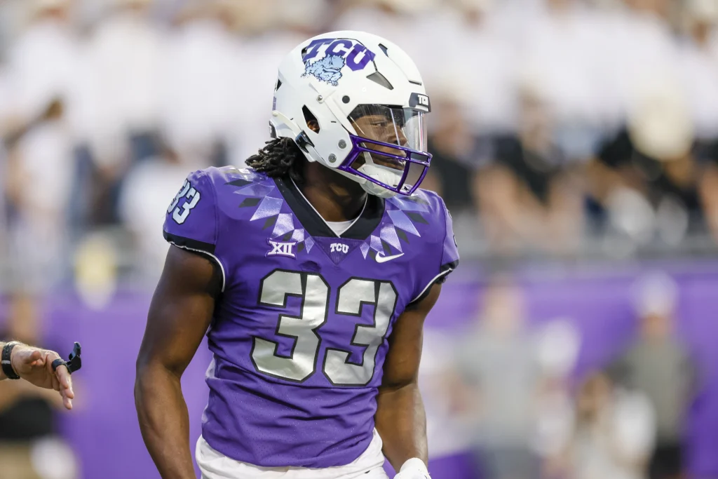 TCU Horned Frogs running back Kendre Miller (33) looks towards the sidelines during the game between the Tarleton State Texans and the TCU Horned Frogs on September 10, 2022 at Amon G. Carter Stadium in Fort Worth, Texas.
