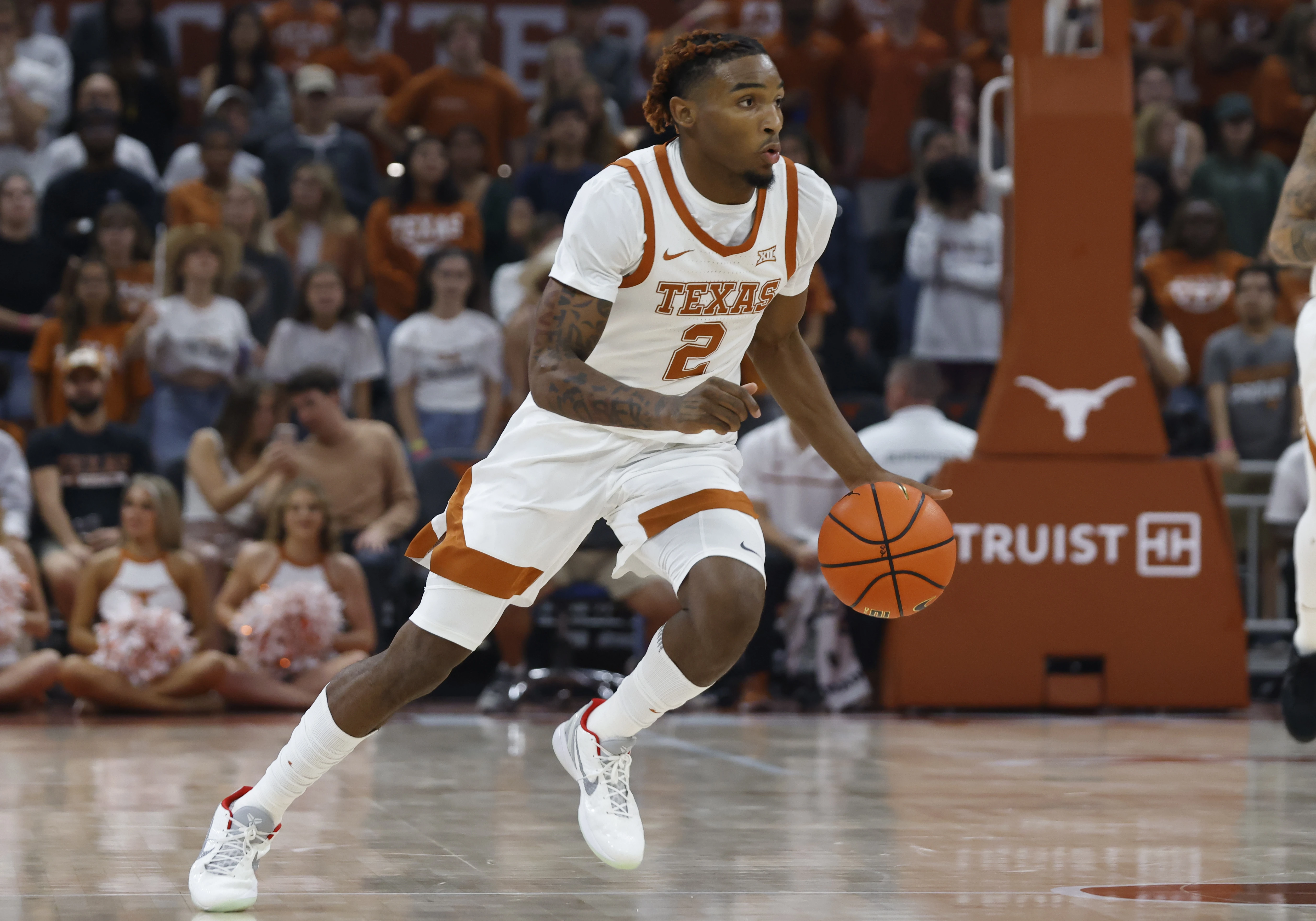 Texas Longhorns guard Arterio Morris drives to the hoop during game against the Houston Baptist Huskies at the Moody Center in Austin, TX on November 10, 2022.