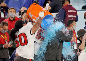 Head coach Bruce Arians of the Tampa Bay Buccaneers has Gatorade dumped on him after winning Super Bowl LV against the Kansas City Chiefs at Raymond James Stadium on February 07, 2021 in Tampa, Florida. The Buccaneers defeated the Chiefs 31-9.