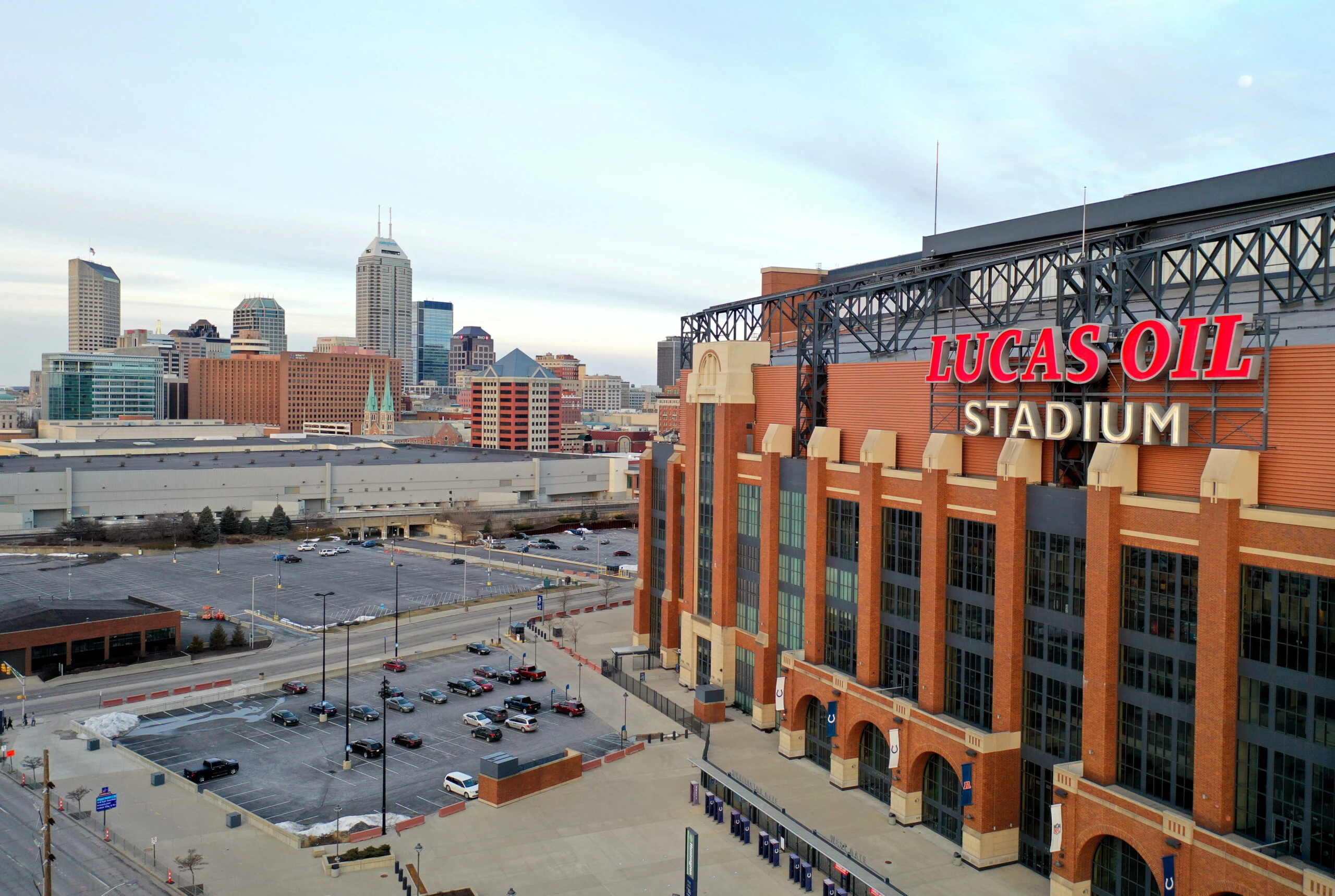 A general view of Lucas Oil Stadium and downtown Indianapolis on February 27, 2021 in Indianapolis, Indiana.