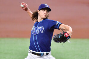 Tyler Glasnow #20 of the Tampa Bay Rays delivers a pitch to the Toronto Blue Jays in the first inning at Tropicana Field on April 23, 2021 in St Petersburg, Florida. 