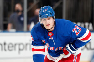 Adam Fox #23 of the New York Rangers skates against the Philadelphia Flyers at Madison Square Garden on April 22, 2021 in New York City.