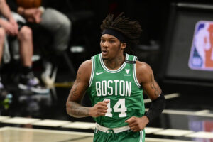 Robert Williams III #44 of the Boston Celtics looks on against the Brooklyn Nets in Game One of the First Round of the 2021 NBA Playoffs at Barclays Center at Barclays Center on May 22, 2021 in New York City.