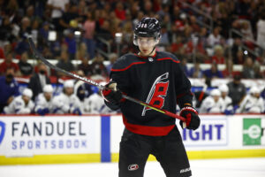 Martin Necas #88 of the Carolina Hurricanes looks on during the first period in Game Five of the Second Round of the 2021 Stanley Cup Playoffs against the Tampa Bay Lightning at PNC Arena on June 08, 2021 in Raleigh, North Carolina. 