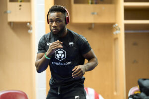 Manel Kape of Angola warms up backstage during the UFC 265 event at Toyota Center on August 07, 2021 in Houston, Texas. 