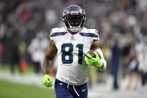 Tight end Gerald Everett #81 of the Seattle Seahawks warms up before a preseason game against the Las Vegas Raiders at Allegiant Stadium on August 14, 2021 in Las Vegas, Nevada.