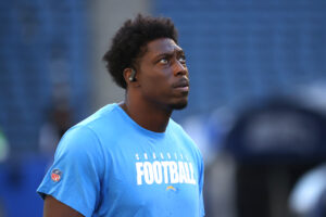 Jared Cook #87 of the Los Angeles Chargers looks on before the NFL preseason game against the Seattle Seahawks at Lumen Field on August 28, 2021 in Seattle, Washington.