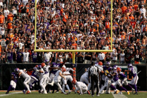 Evan McPherson #2 of the Cincinnati Bengals kicks a field goal to beat the Minnesota Vikings 27-24 in overtime at Paul Brown Stadium on September 12, 2021 in Cincinnati, Ohio.