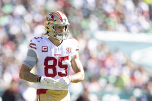 George Kittle #85 of the San Francisco 49ers looks on against the Philadelphia Eagles at Lincoln Financial Field on September 19, 2021 in Philadelphia, Pennsylvania.