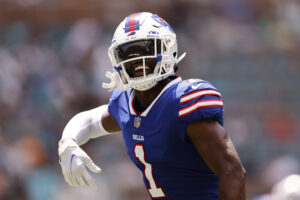 Buffalo Bills wide receiver Emmanuel Sanders celebrates after making a catch