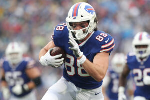 Dawson Knox #88 of the Buffalo Bills runs for a touchdown against the Houston Texans in the first quarter at Highmark Stadium on October 03, 2021 in Orchard Park, New York.