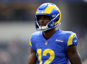 Van Jefferson #12 of the Los Angeles Rams during warm up before the game against the Arizona Cardinals at SoFi Stadium on October 03, 2021 in Inglewood, California. 