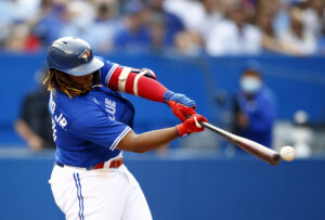 Vladimir Guerrero Jr. #27 of the Toronto Blue Jays bats during a MLB game against the Baltimore Orioles at Rogers Centre on October 2, 2021 in Toronto, Ontario, Canada