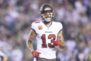 Mike Evans #13 of the Tampa Bay Buccaneers looks on against the Philadelphia Eagles at Lincoln Financial Field on October 14, 2021 in Philadelphia, Pennsylvania.