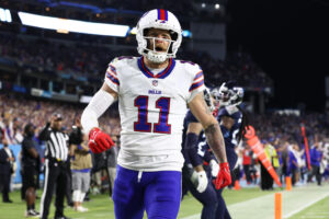 Wide receiver Cole Beasley #11 of the Buffalo Bills celebrates his touchdown against the Tennessee Titans during the second quarter at Nissan Stadium on October 18, 2021 in Nashville, Tennessee.