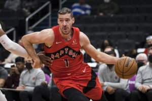 Goran Dragic #1 of the Toronto Raptors drives to the basket against the Washington Wizards during the first half at Capital One Arena on October 12, 2021 in Washington, DC.