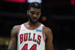 Patrick Williams #44 of the Chicago Bulls looks on against the Memphis Grizzlies in the first half during a preseason game at United Center on October 15, 2021 in Chicago, Illinois.