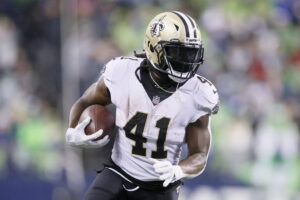 Alvin Kamara #41 of the New Orleans Saints carries the ball against the Seattle Seahawks during the second quarter at Lumen Field on October 25, 2021 in Seattle, Washington. 