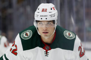 Kevin Fiala #22 of the Minnesota Wild looks on against the Seattle Kraken during the first period on October 28, 2021 at Climate Pledge Arena in Seattle, Washington.