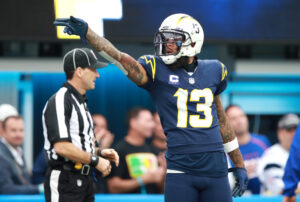 Keenan Allen #13 of the Los Angeles Chargers reacts in the first quarter against the New England Patriots at SoFi Stadium on October 31, 2021 in Inglewood, California.