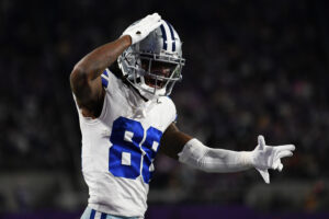 CeeDee Lamb #88 of the Dallas Cowboys reacts against the Minnesota Vikings during the fourth quarter U.S. Bank Stadium on October 31, 2021 in Minneapolis, Minnesota.