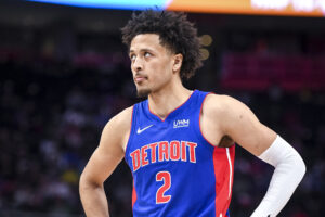 Cade Cunningham #2 of the Detroit Pistons looks on against the Orlando Magic during the third quarter of the game at Little Caesars Arena on October 30, 2021 in Detroit, Michigan. 