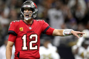 Tom Brady #12 of the Tampa Bay Buccaneers stands on the field during a NFL game against the New Orleans Saints at Caesars Superdome on October 31, 2021 in New Orleans, Louisiana.