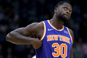 Julius Randle #30 of the New York Knicks stands on the court during the first quarter of a NBA game against the New Orleans Pelicans at Smoothie King Center on October 30, 2021 in New Orleans, Louisiana.