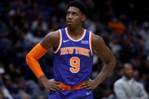 RJ Barrett #9 of the New York Knicks stands on the court during a NBA game against the New Orleans Pelicans at Smoothie King Center on October 30, 2021 in New Orleans, Louisiana.