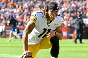 Chase Claypool #11 of the Pittsburgh Steelers looks on prior to a game against the Cleveland Browns at FirstEnergy Stadium on October 31, 2021 in Cleveland, Ohio.