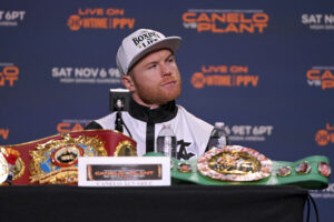 WBC/WBA/WBO super middleweight champion Canelo Alvarez looks on during a news conference at MGM Grand Garden Arena on November 03, 2021.