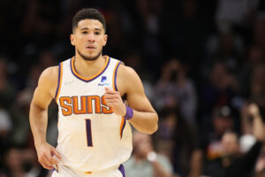 Devin Booker #1 of the Phoenix Suns during the NBA game at Footprint Center on November 02, 2021 in Phoenix, Arizona. The Suns defeated the Pelicans 112-100.