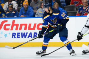 Jordan Kyrou #25 of the St. Louis Blues in action against the Los Angeles Kings at the Enterprise Center on October 25, 2021 in St. Louis, Missouri.