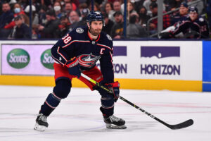 Boone Jenner #38 of the Columbus Blue Jackets skates during the first period of a game against the Colorado Avalanche at Nationwide Arena on November 6th, 2021 in Columbus, Ohio.