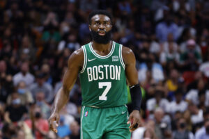 Jaylen Brown #7 of the Boston Celtics reacts against the Miami Heat at FTX Arena on November 04, 2021 in Miami, Florida.